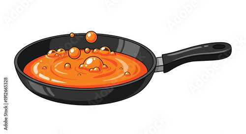 Vibrant orange liquid actively simmering in a sleek dark non-stick frying pan, showcasing dynamic bubbling motion in a culinary or perhaps