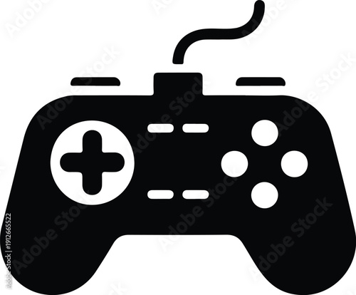 A minimalist black and white icon of a video game controller.