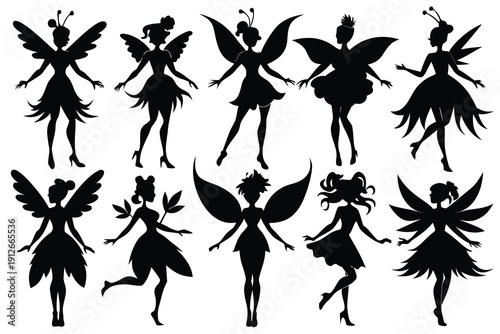 Stylized vector set of ballet dancers and dancing girls silhouettes featuring black floral patterns and nature elements like wings and leaves for an artistic tattoo design