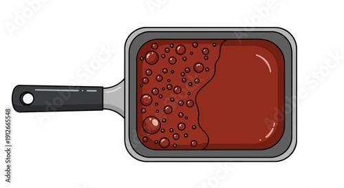 Clean vector art shows a rectangular pan with deep red-brown sauce. One half bubbles, the other smooth. Ideal for food preparation and kitchen themes.