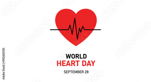 world heart day vector a vibrant red heart with ecg line and september 28 text promoting heart health awareness globally.