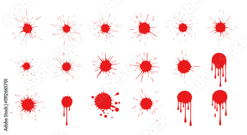 various red splatters and blood drips on white graphic resources for horror crime scenes halloween and abstract artistic designs.