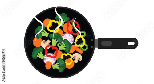 Fresh, vibrant vegetables sizzle and steam in a hot frying pan, a colorful emblem of healthy cooking and nutritious meals for a balanced lifestyle