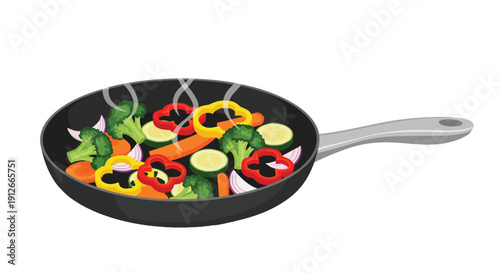 Vibrant, fresh vegetables like broccoli, bell peppers, and carrots sizzling in a modern pan, symbolizing healthy food preparation and nutritious