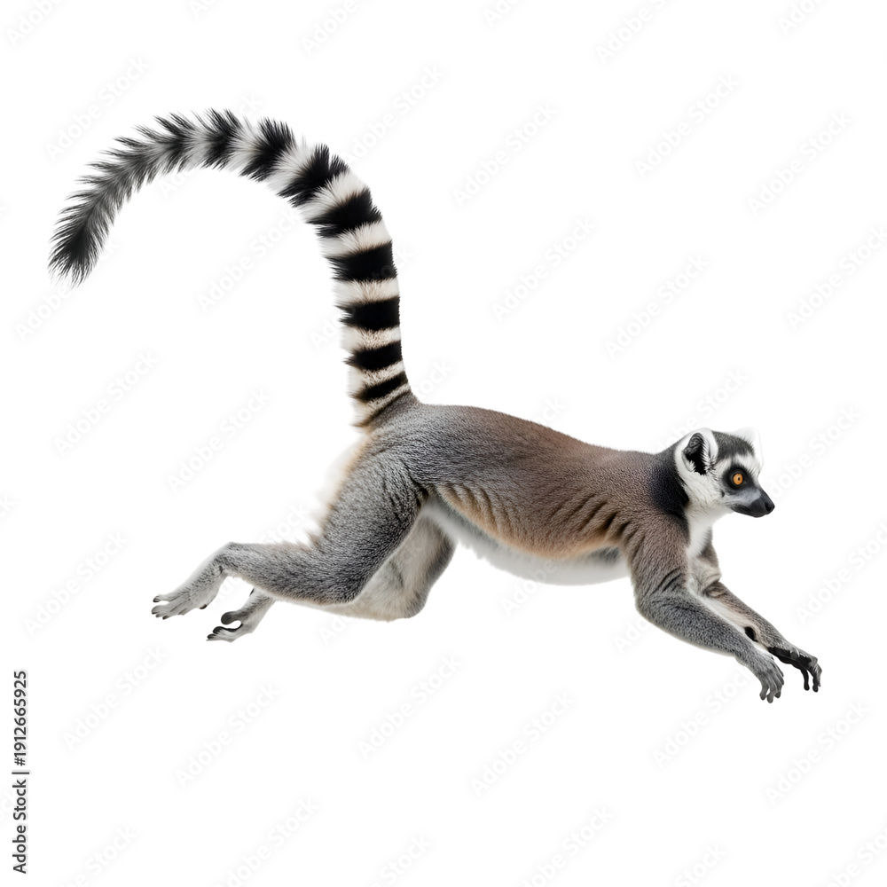 Obraz premium Ring-tailed Lemur Jumping in Mid-Air Isolated on White Background , Isolated on Transparent Background