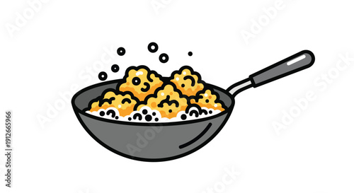 A vibrant cartoon illustration showcasing golden fried food actively bubbling within a hot grey wok, dynamically depicting the lively process of