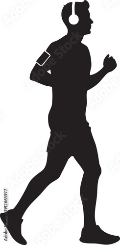 Person jogging while wearing headphones and armband silhouette isolated on white background minimalist morning run and fitness lifestyle illustration