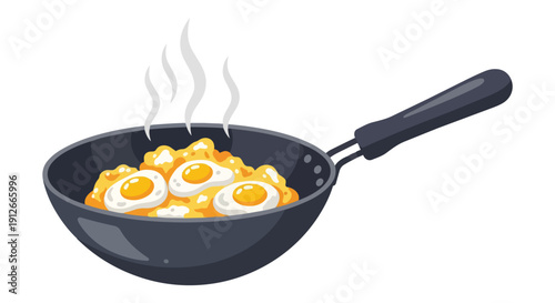 Delicious hot breakfast pan with steaming sunny-side-up eggs over scrambled egg mixture ready to be served for a hearty morning meal at home