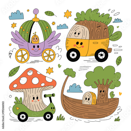 Enchanted Transport: A whimsical illustration showcasing a quartet of vehicles, each brimming with personality, includes a fairytale carriage, a tree-topped car, a mushroom scooter, and a tree boat.