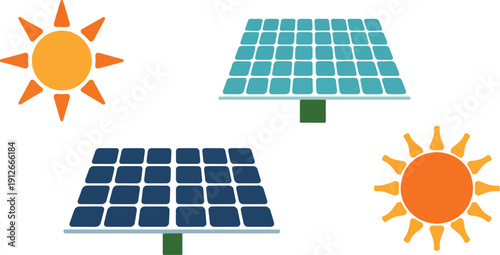 A flat, minimalist illustration of two solar panels and two suns arranged in a 2x2 grid.
