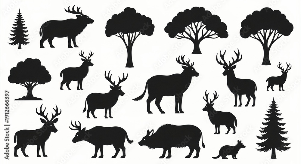 Obraz premium forest animals, animal silhouettes, woodland creatures, vector set, black icons, nature animals, wildlife pack, simple shapes