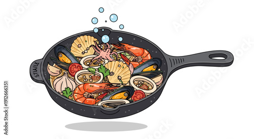 Vibrant illustration of a sizzling seafood medley cooking in a traditional pan with fresh aromatics