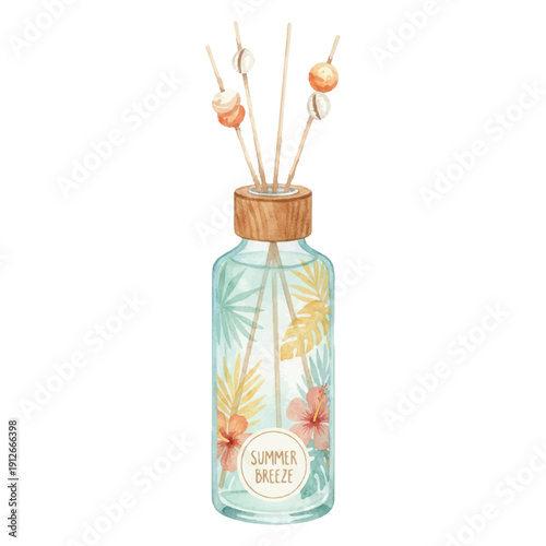 Decorative Air Freshener Bottle with Summer Scent, Watercolor Vector Illustration Isolated on White
