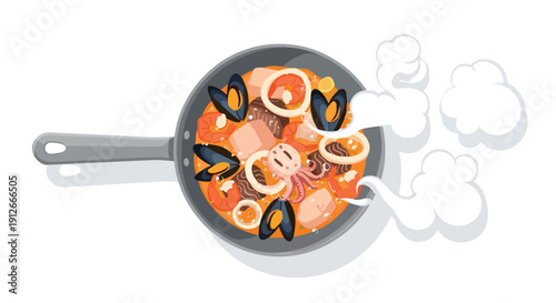 A vibrant overhead view of a steaming seafood dish cooking in a pan with mussels, shrimp, and squid