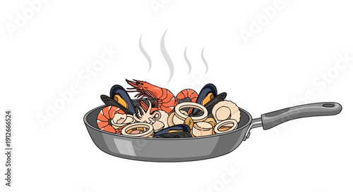 A vibrant and appetizing illustration of a sizzling pan brimming with fresh, succulent seafood, including prawns, mussels, calamari, and scallops,