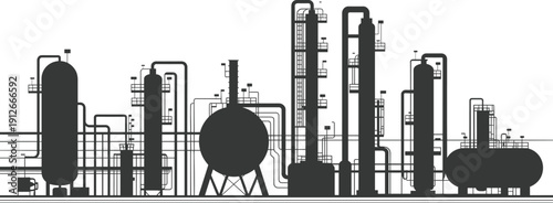 "Industrial chemical petrochemical plant silhouette vector illustration with distillation columns, storage tanks, piping systems, refinery equipment schematic design"