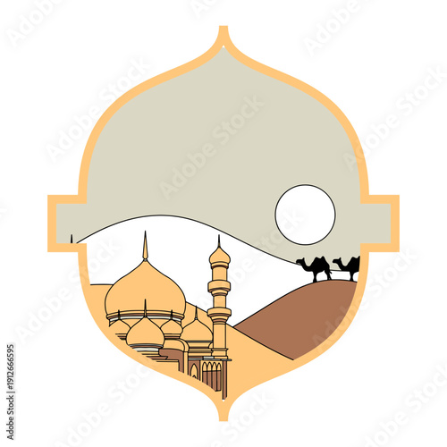 Desert Scene with Mosque and Camels