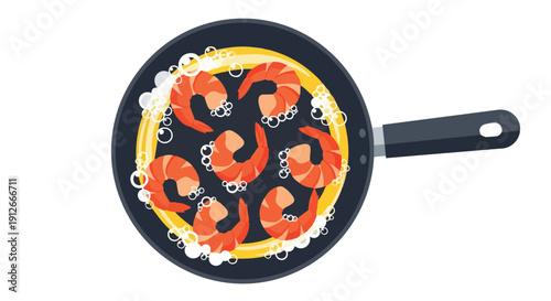 Vibrant orange prawns cooking in a dark frying pan with golden oil and effervescent bubbles, preparing a delicious culinary dish