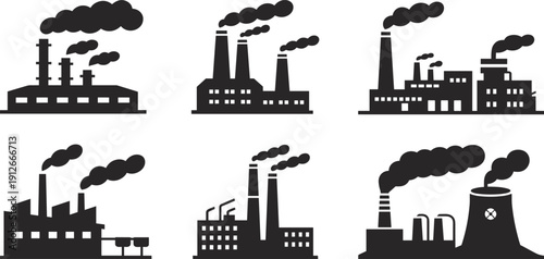 Industrial factory pollution smoke emissions manufacturing plants silhouette icons environmental impact energy industry power plant contamination vector set illustration collection