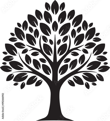 Broad leafy deciduous tree vector illustration with strong trunk and spreading branches