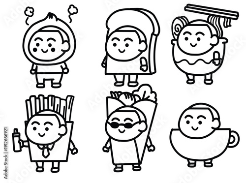 Cute boy character in various food and drink costumes collection line art