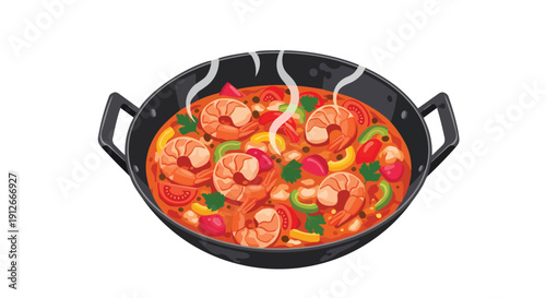 Vibrant illustration of steaming shrimp and colorful vegetable stew in a dark wok with fresh herbs