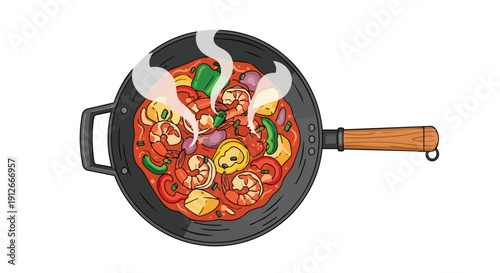 Vibrant seafood and vegetable stir-fry cooking in a wok, a delicious culinary creation steaming hot and fresh