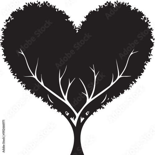 Heart shaped leafy tree crown silhouette vector illustration line art for romantic design
