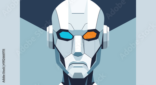 A striking depiction of cutting-edge AI technology, featuring a cybernetic robot head with contrasting eye colors, embodying future advancements and digital innovation