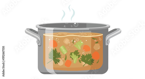 A vibrant illustration of a delicious pot of simmering vegetable soup cooking gently with fresh ingredients bubbling inside creating a healthy