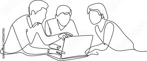 Continuous line drawing of business team meeting discussing project using laptop representing teamwork collaboration corporate workflow isolated vector illustration