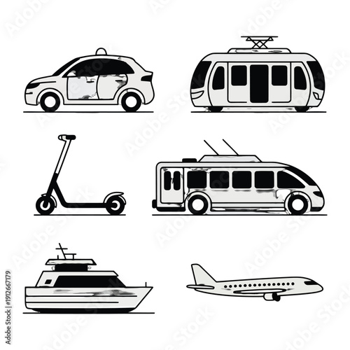 Transportation Assortment: A diverse collection of transport modes showcases various options for mobility, from urban to long-distance travel, capturing the essence of movement and connectivity.