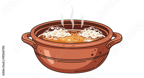 A charmingly depicted boiling pot crafted from earthy clay, producing rising steam and frothy bubbles, symbolizing homemade warmth and culinary