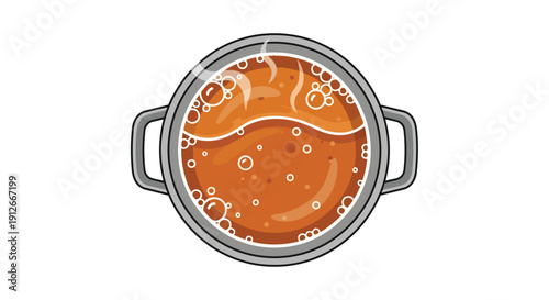 Overhead view of a simmering pot of warm liquid, bubbling gently with rising steam, ready for cooking and preparing delicious meals, an illustration.