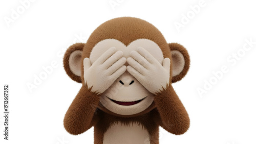 Cute monkey toy covering face with hands on transparent background