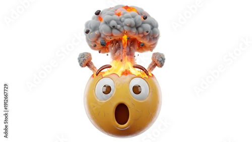 Surprised yellow emoticon face with explosive mushroom cloud on transparent background
