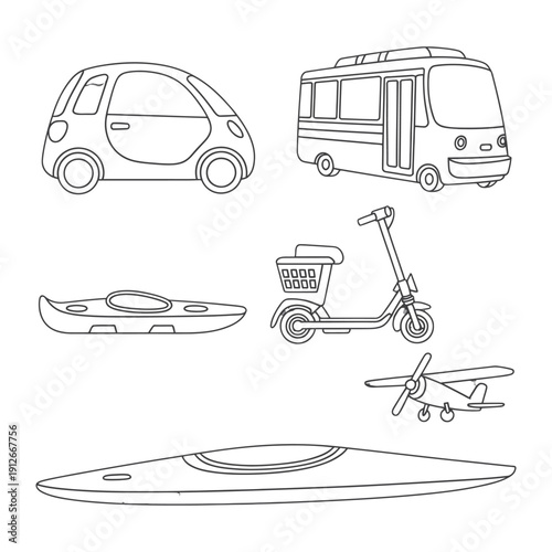 Transportation Collection: A graphic compilation showcasing various means of transport, from compact cars and buses to kayaks, scooters, and aircraft.