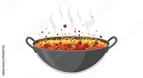 Traditional Asian culinary delight: a savory, aromatic, and spicy stew actively simmering in a sturdy wok with exotic spices star anise, cinnamon,