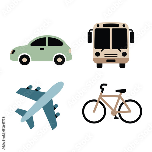 Transportation Mode Set: A collection of various transportation modes displayed, featuring a car, bus, plane, and bicycle, showcasing a diverse set of vehicles.
