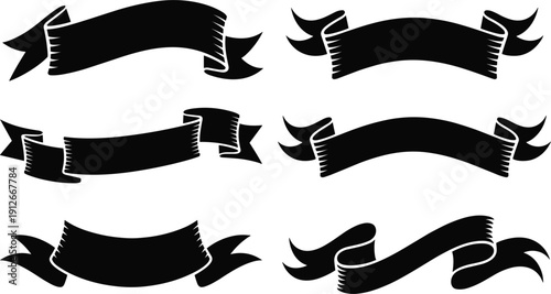 Vintage hand drawn black ribbon banner collection vector set, antique blank scrolls for decorative text design