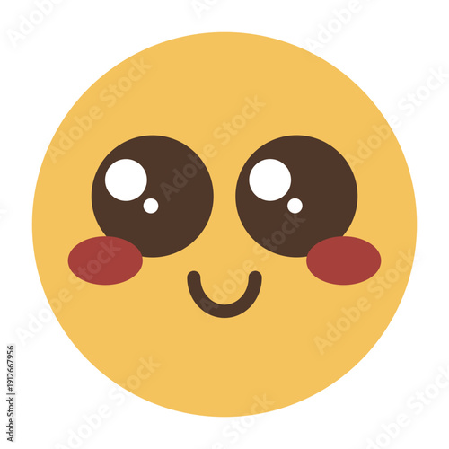 Cute blushing smiling emoji face with big eyes cartoon icon isolated on transparent background.