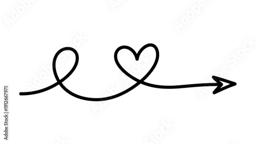 a simple hand drawn black line forming a loop heart and arrow on a clean white background representing love connection and positive direction.