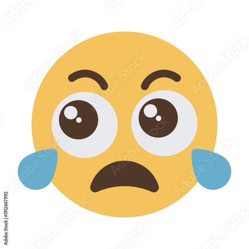 Shocked sad crying emoji face with big eyes cartoon icon isolated on transparent background.