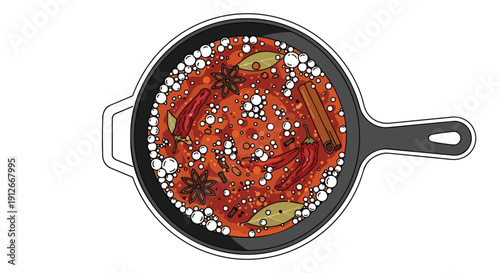 Spicy simmering broth with aromatic spices in a skillet, vibrant culinary illustration