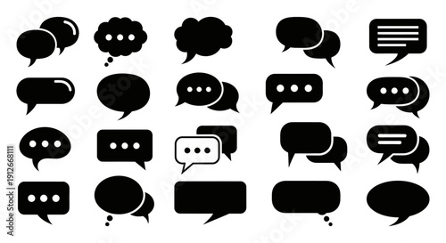 a collection of various black speech bubble and chat message icons illustrating digital communication online dialogue and social interaction.