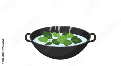 Vibrant green leafy vegetables gently simmering in a dark pot, creating a simple yet inviting culinary scene. Healthy meal preparation begins now, a