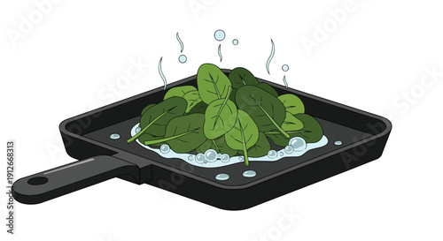 Fresh vibrant green spinach leaves are gently steaming in a hot pan preparing a delightful wholesome meal illustration for healthy eating concepts