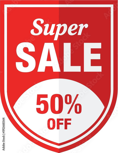 Red shield shaped badge featuring super sale text with fifty percent off discount offer.