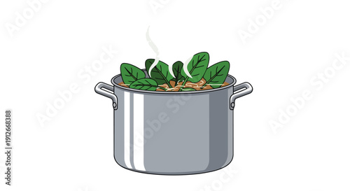 Fresh green leaves gently simmering in a metal pot, cooking a healthy delicious meal