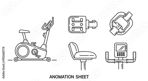 Exercise Bike Animation Sheet: Side View, Pedals, Seat, Handlebars, Console